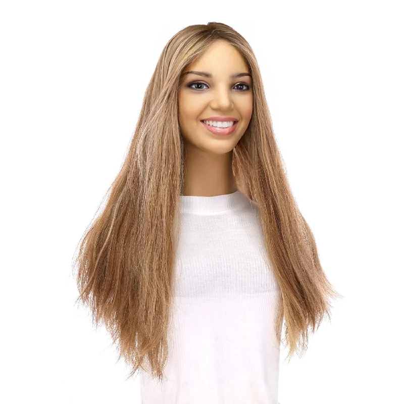 Medium - length wig with a side - part for a more flattering look20" Onyx Silk Top Topper Medium Blonde w/ Highlights Slightly Wavy