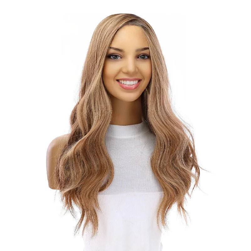 Medium - length wig with a pre - plucked hairline for a more natural look20" Onyx Silk Top Topper Medium Blonde w/ Highlights