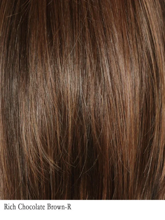 Rich Chocolate Brown-R | 2/4/30+4 | Rooted with dark Brown. A mixture of dark and medium Brown heavily highlighted with dark Auburn and Strawberry and Mahogany.