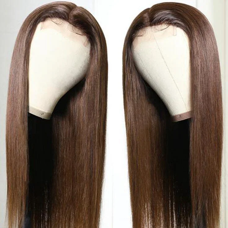 Long - length wig with a silk - base cap for a comfortable and smooth feel#4 Brown Chestnut Brown Color Straight Lace Front Wig Human Hair