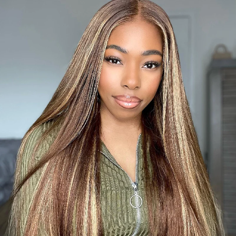 Long - length wig with a natural - looking root for a more realistic lookHighlight P4/613 Straight HD Transparent Lace Closure Virgin Human Hair Wig