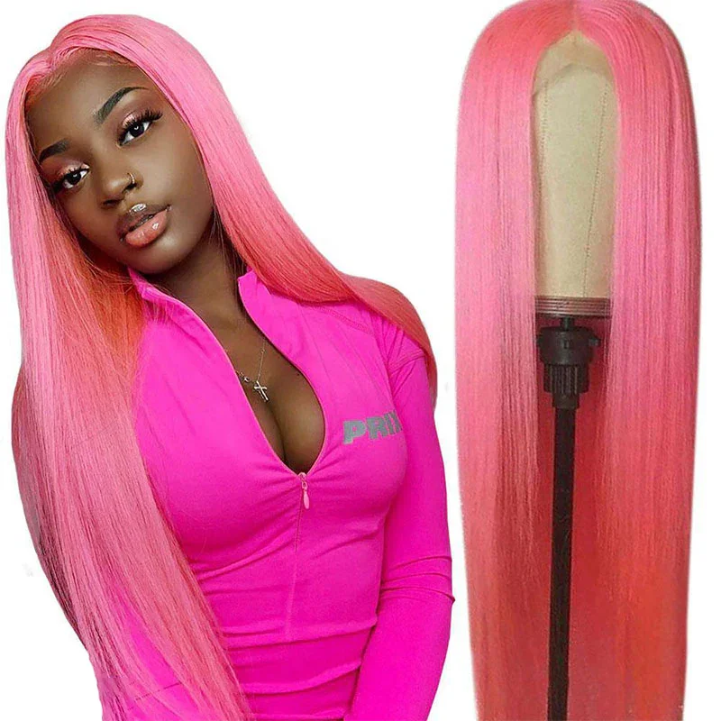 Long - length wig with a wispy fringe for a soft and feminine lookLight Pink Straight HD Lace Front Wigs Virgin Human Hair