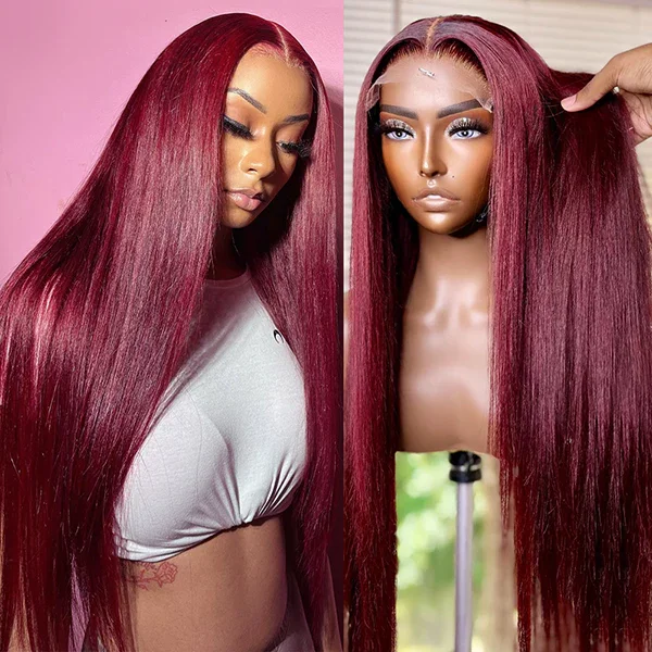 Human - hair long - length wig for a natural and luxurious feelLumiere 99J Cherry Color Straight 13x4 Lace Frontal 180% Density Wigs For Women Pre Plucked