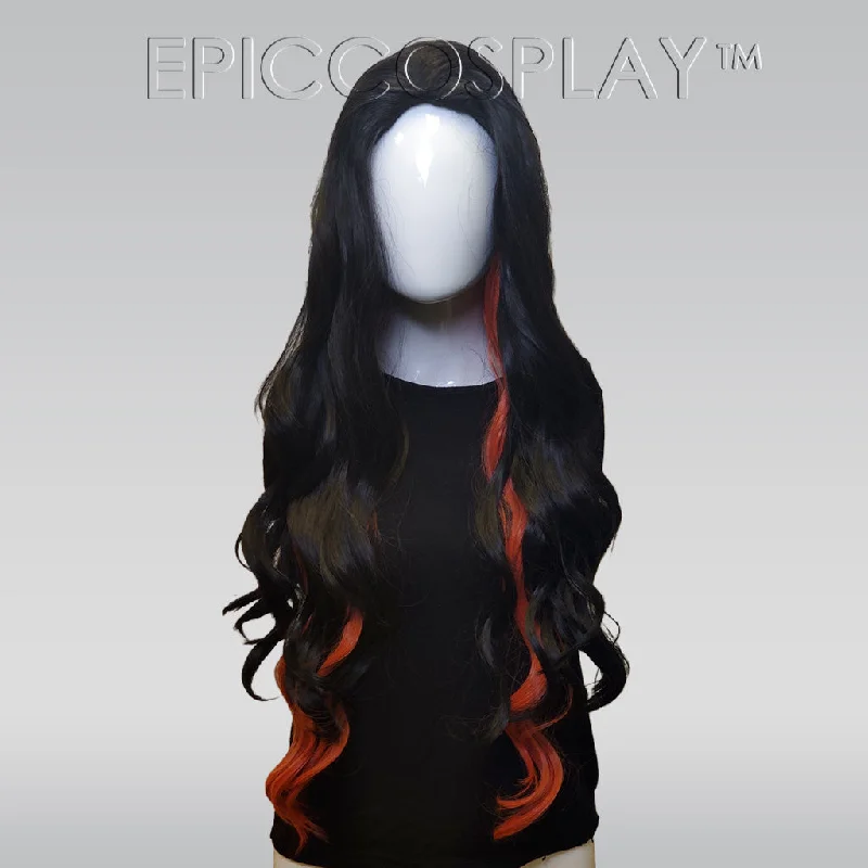 Long - length wig with a pre - bleached knot for a natural - looking scalpSignature - Black and Umber Orange Peekaboo Wig