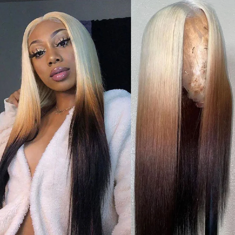 Long - length wig with a 220 - density for an extra - full appearanceOmbre Blonde & Black Straight 13x4/4x4 Lace Closure wig 150%/180% Density