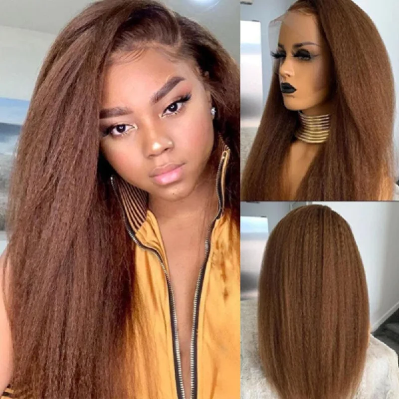 Long - length wig in a jet - black color for a classic appearanceLumiere Hair #4 Brown Kinky Straight Lace Frontal / Closure Human Hair Wigs For Black Women